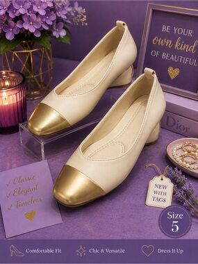 Women's Cream Flats with Gold Cap Toe - Size 5